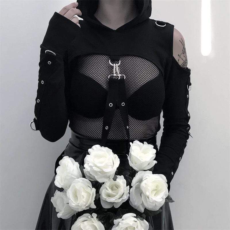 Naughty Kitten Clothing Bare Shoulder Navel Cropped Hoodies With Sashes Front View Gothic Alternative Women's Wear