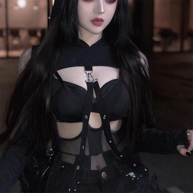 Naughty Kitten Clothing Bare Shoulder Navel Cropped Hoodies With Sashes Front View Gothic Alternative Women's Wear