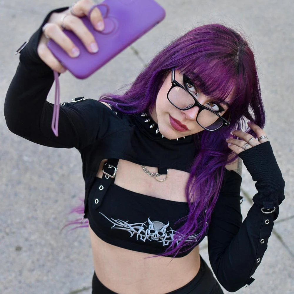 Naughty Kitten Clothing Bare Shoulder Navel Cropped Hoodies With Sashes Front View Gothic Alternative Women's Wear