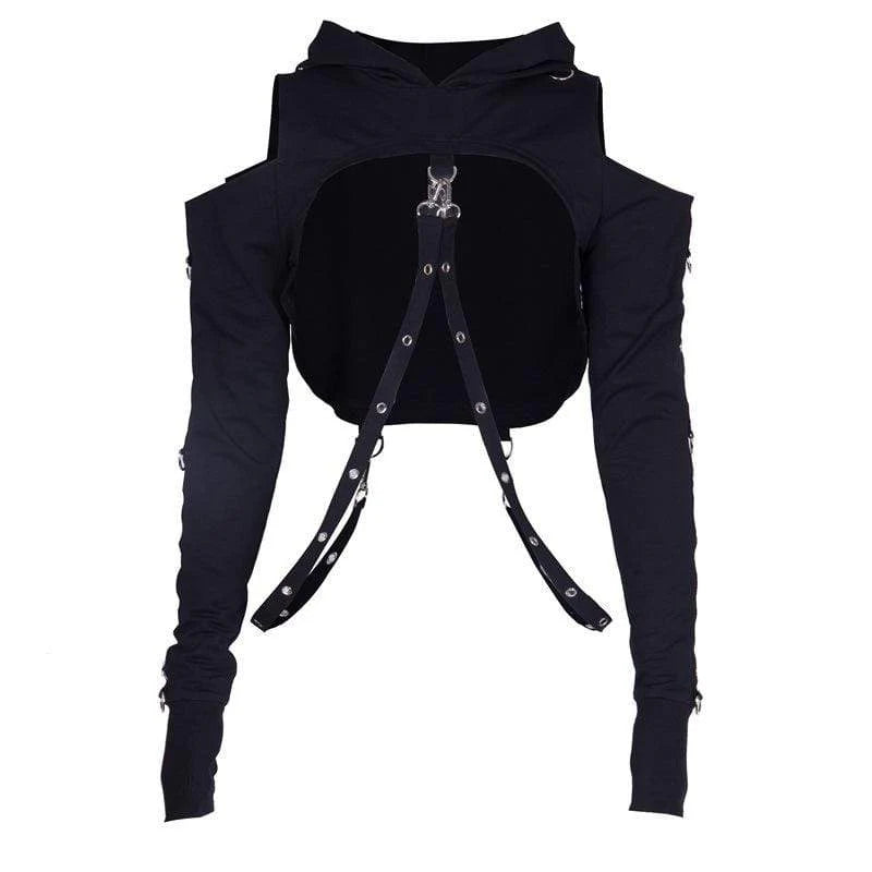 Naughty Kitten Clothing Bare Shoulder Navel Cropped Hoodies With Sashes Front View Gothic Alternative Women's Wear