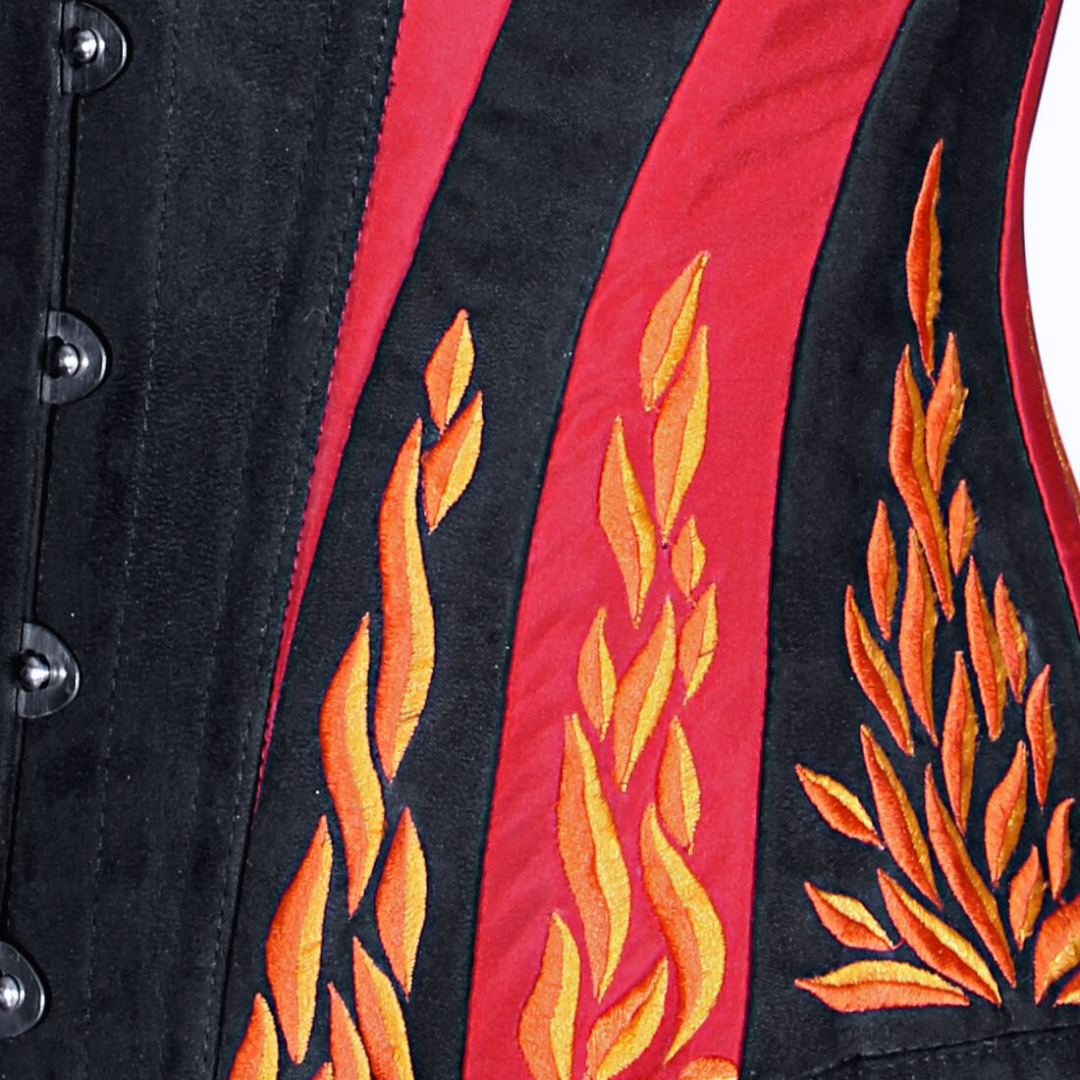 Embers Embroidered Corset Front Close Up Flames View- Naughty Kitten Clothing
