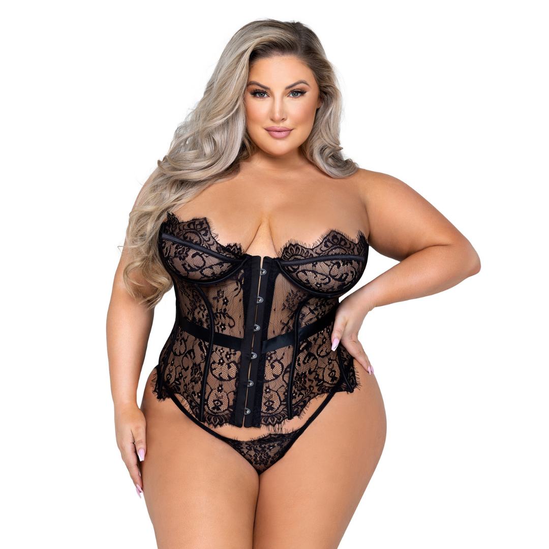 Naughty Kitten Clothing Fantasy 2-Piece Bustier Set Black front View Plus Size Lingerie