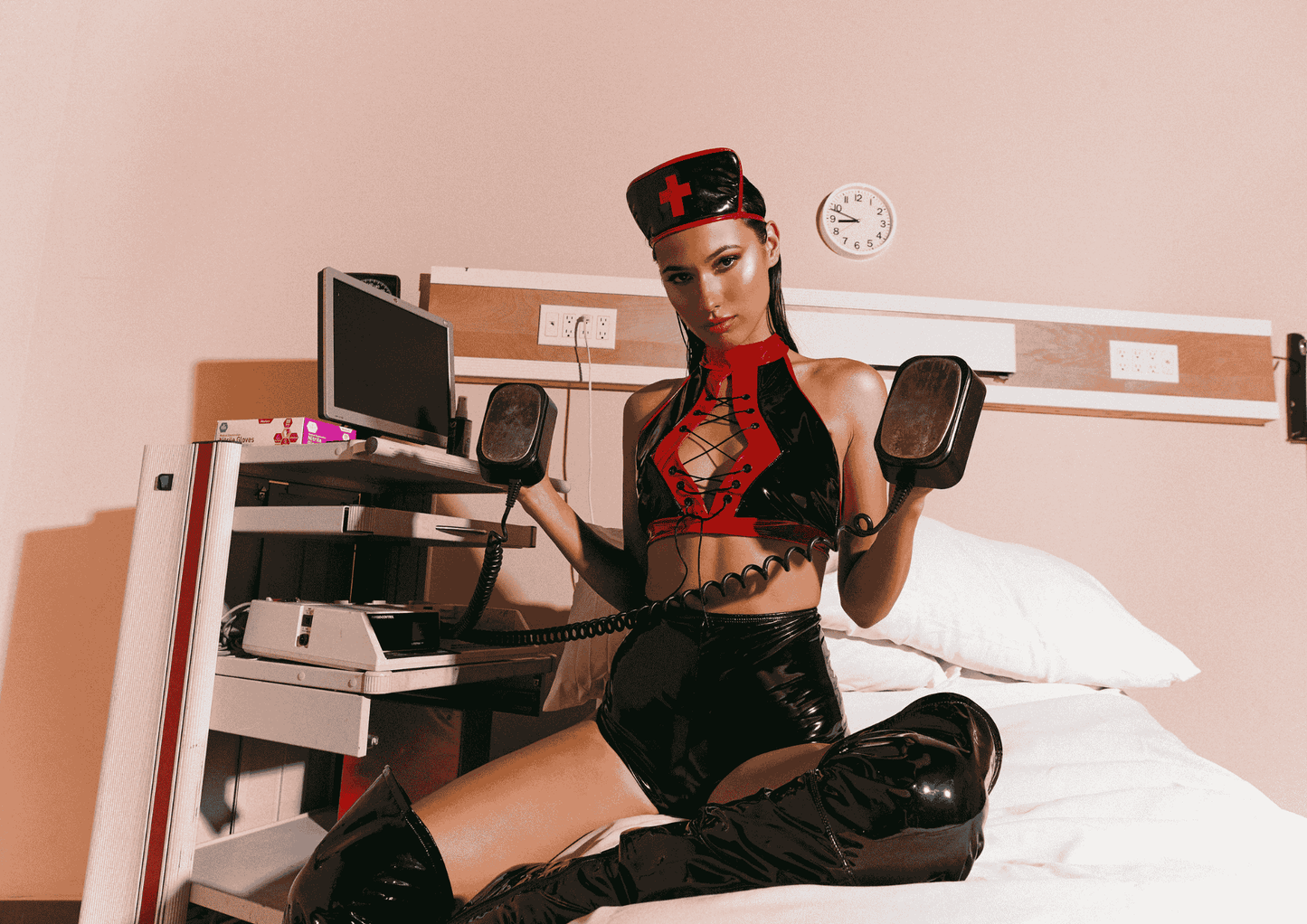 Naughty Kitten Kinky Nurse Front View Model Women's Halloween Costume Vinyl Black Red