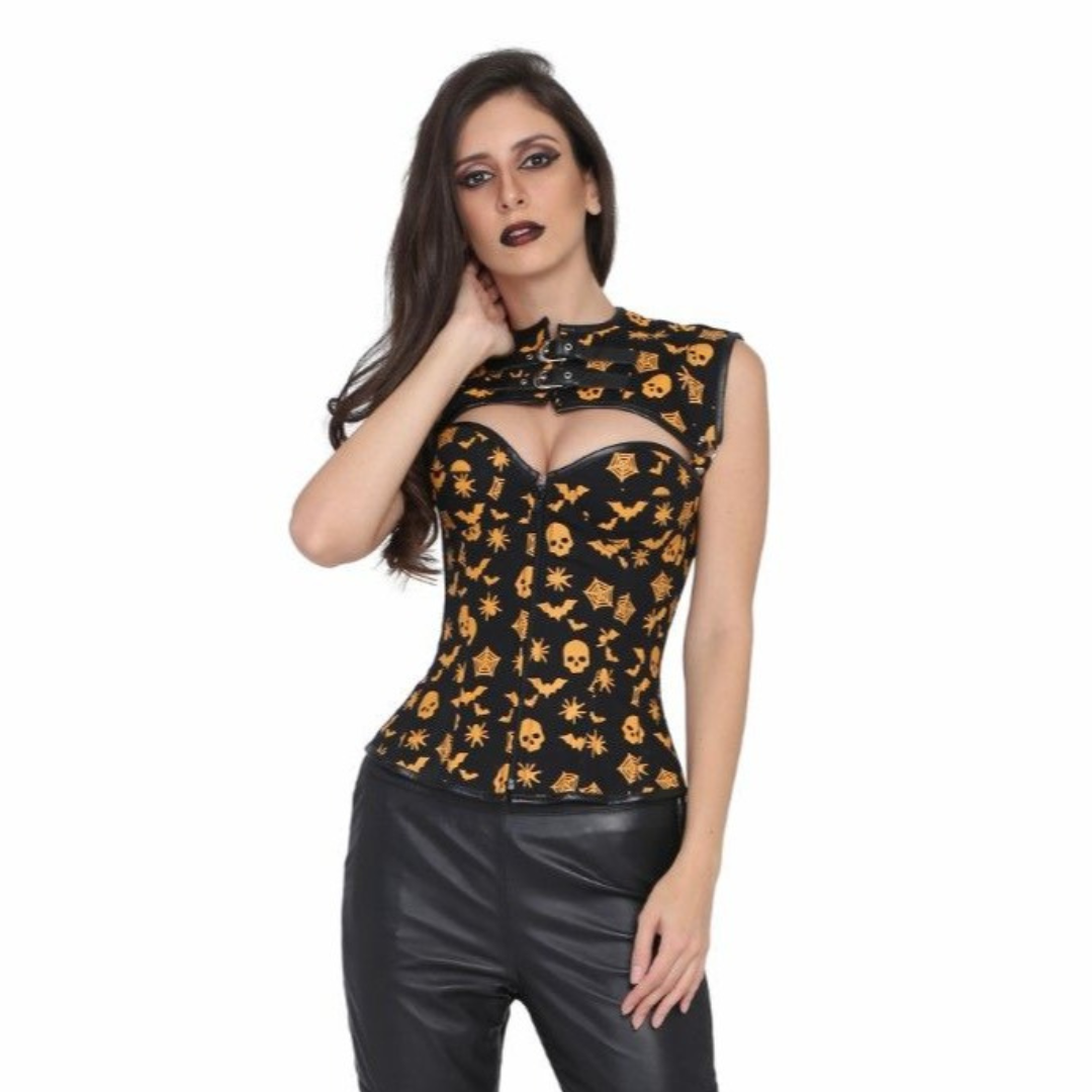 Naughty Kitten Nova Halloween Print Corset & Shoulder Piece Front View