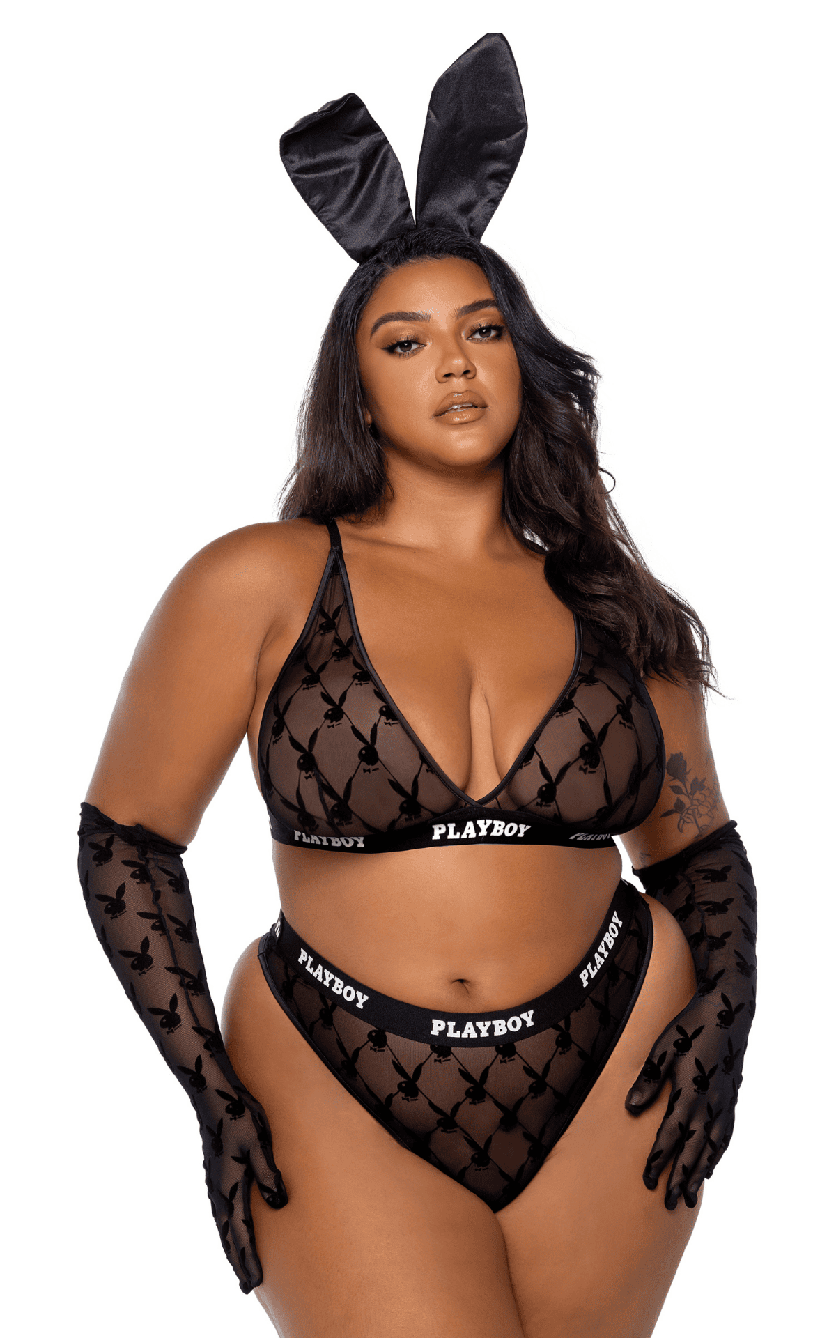 Naughty Kitten Clothing Playboy Flocked Bunny Bralette 2pc Set Black Front View Playboy Lingerie Plus Size