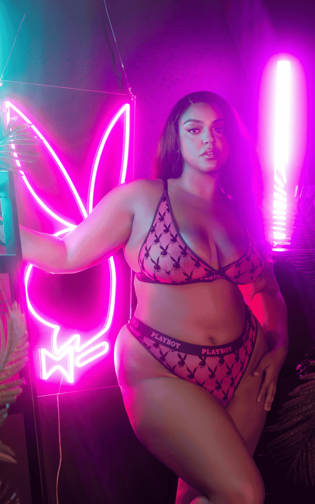 Naughty Kitten Clothing Playboy Flocked Bunny Bralette 2pc Set Pink Front View Playboy Lingerie Plus Size