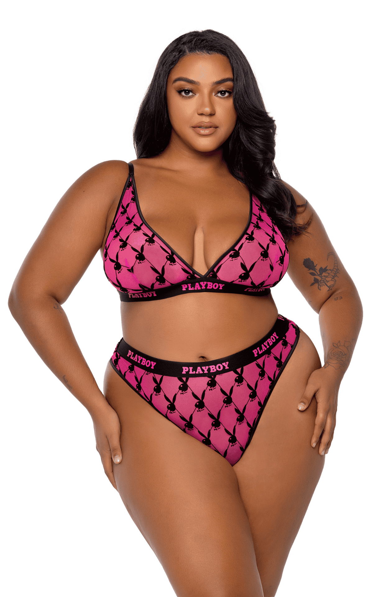 Naughty Kitten Clothing Playboy Flocked Bunny Bralette 2pc Set Pink Front View Playboy Lingerie Plus Size