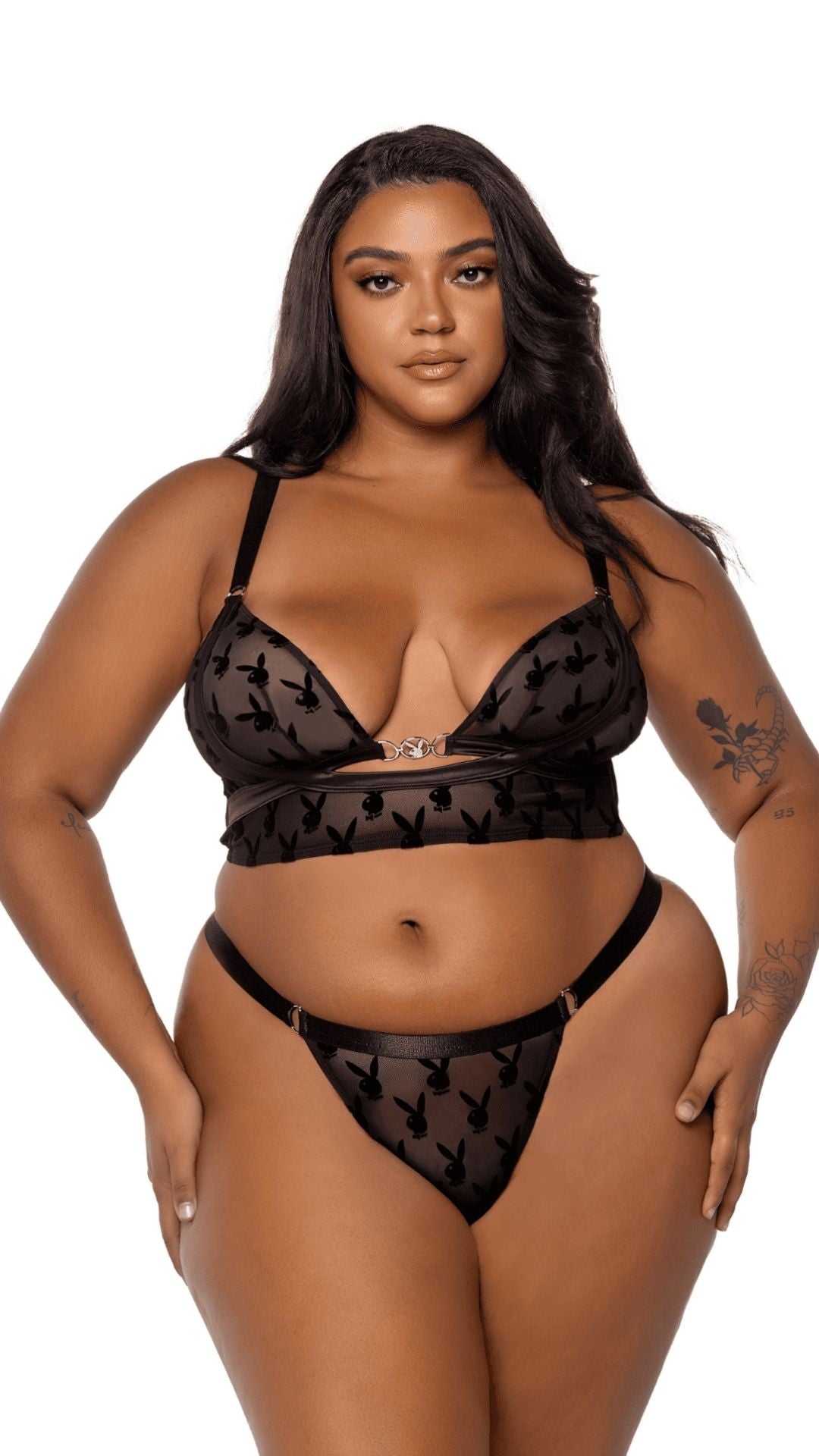 Naughty Kitten Clothing Playboy Bunny Charm Bralette 2pc Set Front View Playboy Plus Size Lingerie