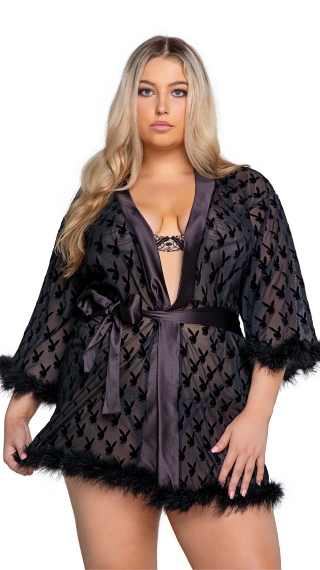 Naughty Kitten Clothing Playboy Bunny Noir Robe Front View Playboy Plus Size Lingerie