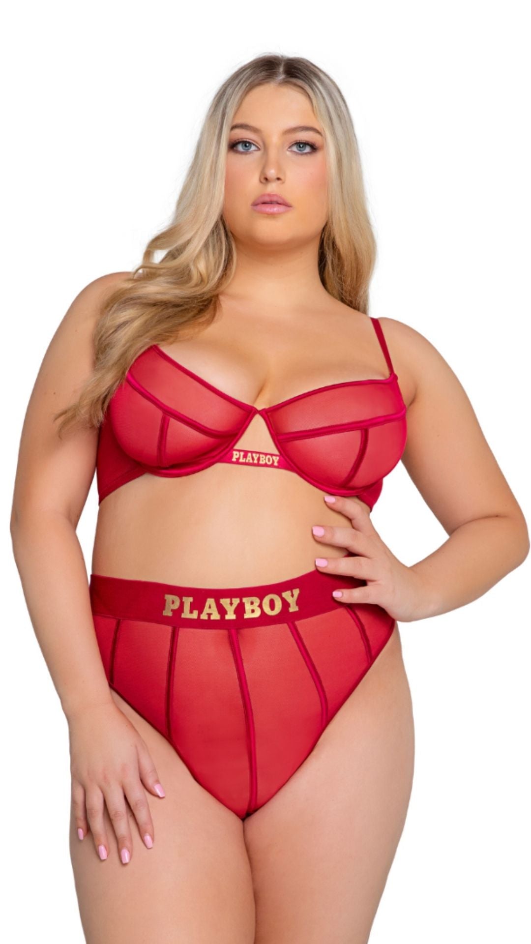 Naughty Kitten Clothing Playboy Cage 2-Piece Set - Red Front View Red Playboy Plus Size Lingerie