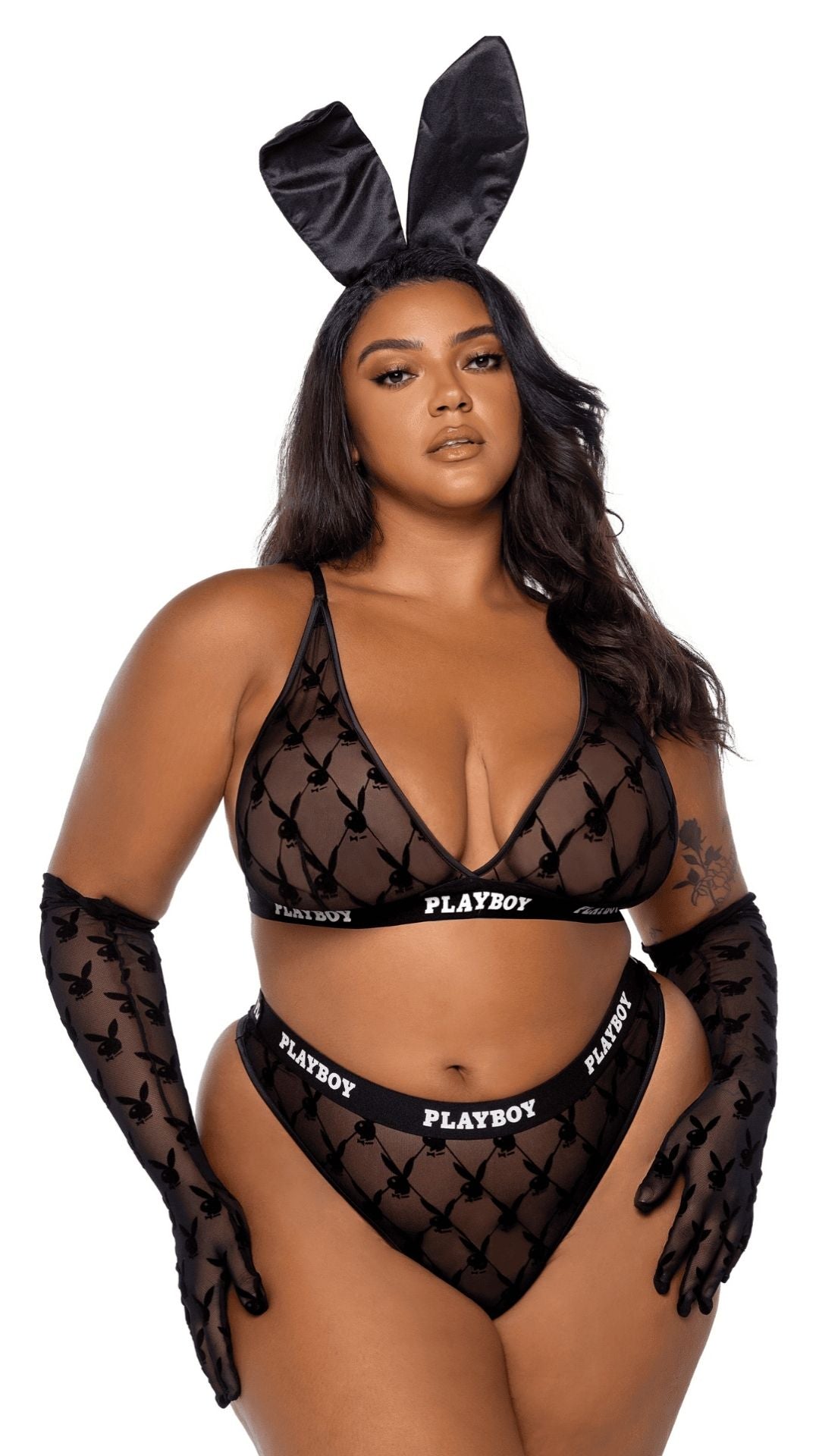 Naughty Kitten Clothing Playboy Flocked Bunny Bralette 2pc Set Black Front View Playboy Plus Size Lingerie