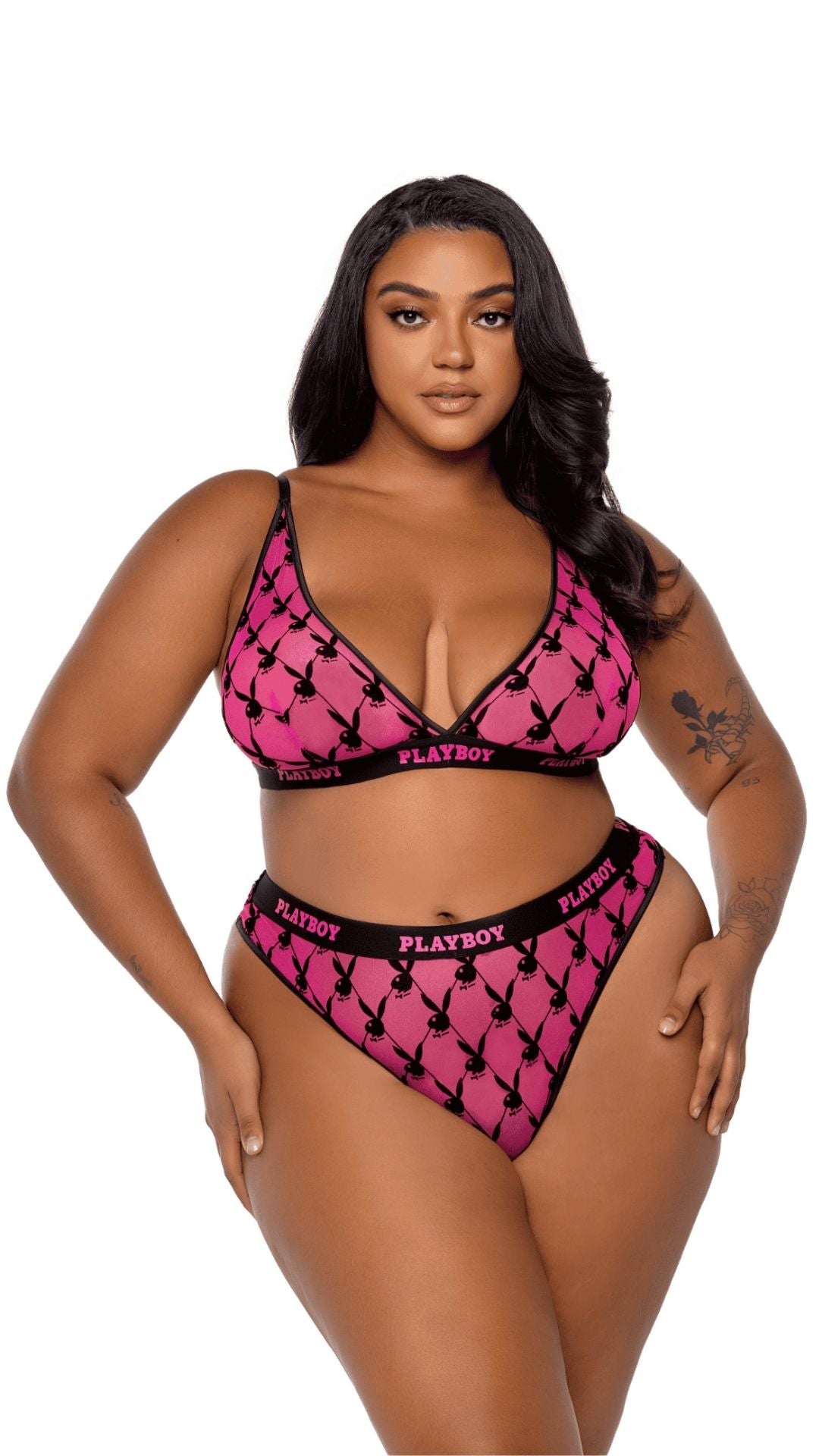 Naughty Kitten Clothing Playboy Flocked Bunny Bralette 2pc Set Pink Front View Playboy Plus Size Lingerie