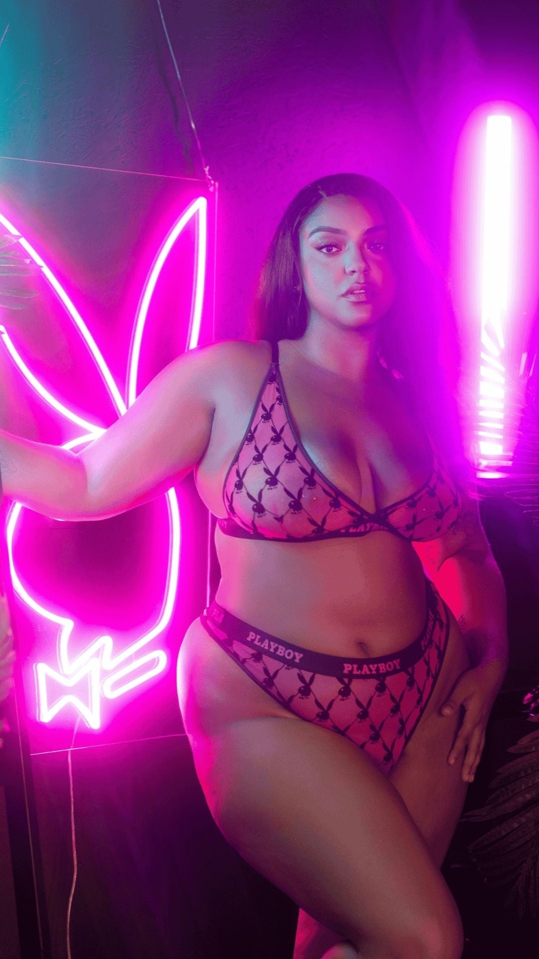 Naughty Kitten Clothing Playboy Flocked Bunny Bralette 2pc Set Pink Front View Playboy Plus Size Lingerie