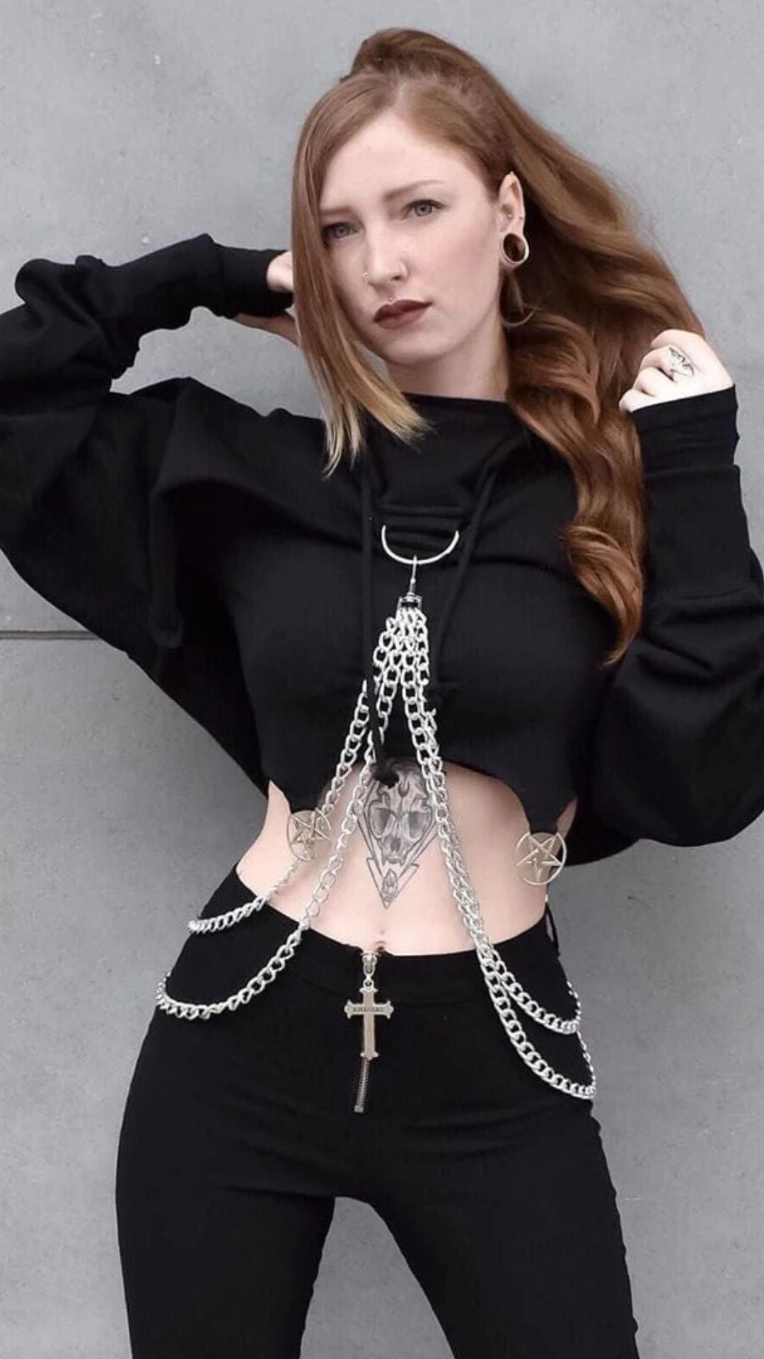 Naughty Kitten Clothing Punk Suspender Black Cropped Hoodies Front View Model Alternative Gothic
Women's Fashion