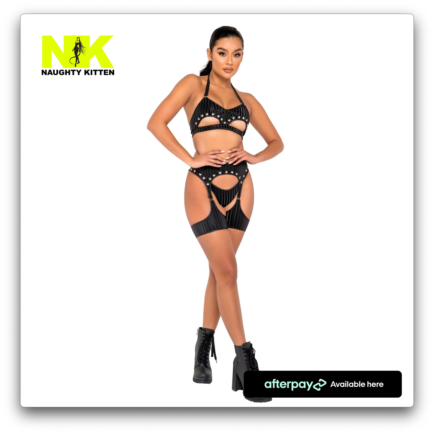 Naughty Kitten Studded Garter Belt Harness Front View