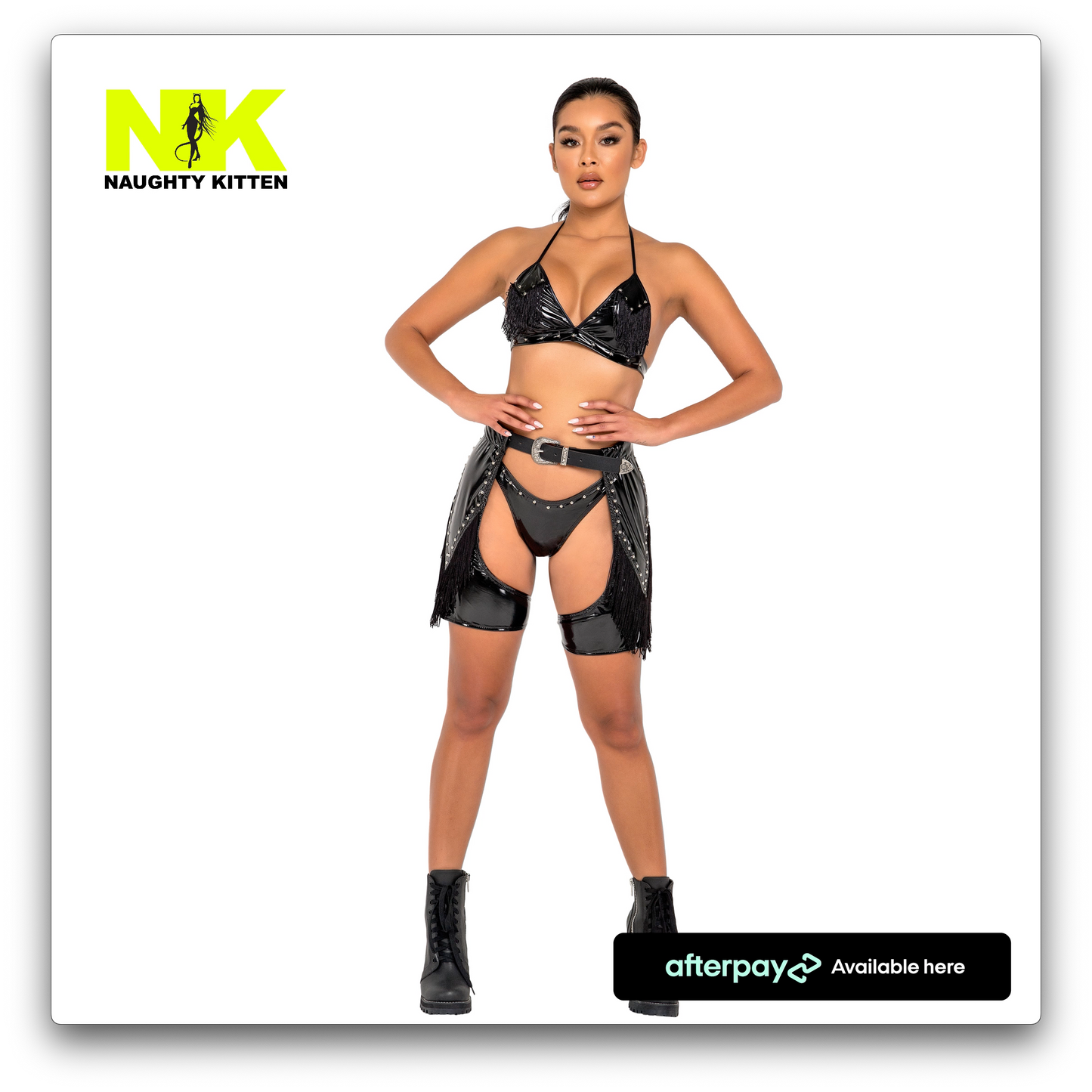 Naughty Kitten Studded Vinyl Chaps with Fringe Detail Front View