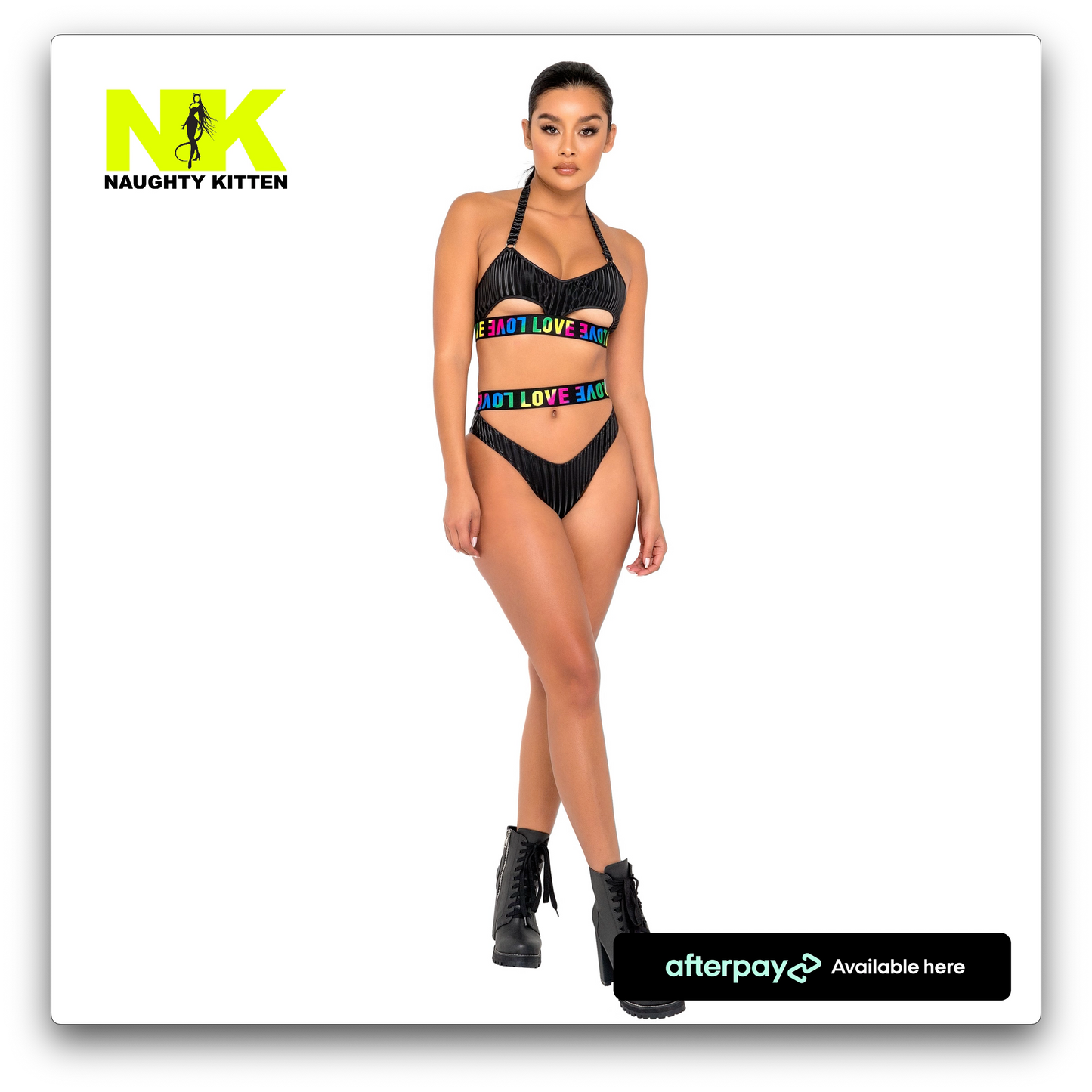 Naughty Kitten Pride Bikini Top with Underboob Cutout Front View Rave Wear