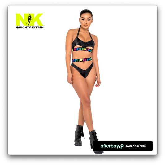 Naughty Kitten Pride Bikini Top with Underboob Cutout Front View Rave Wear