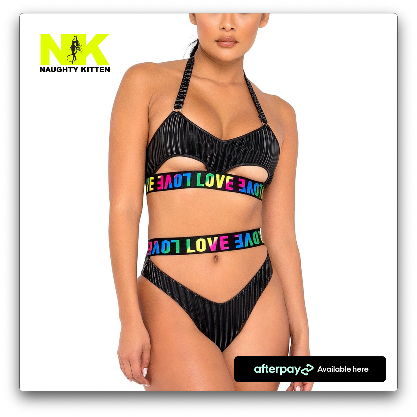 Naughty Kitten Pride Bikini Top with Underboob Cutout Front View Close Up Rave Wear