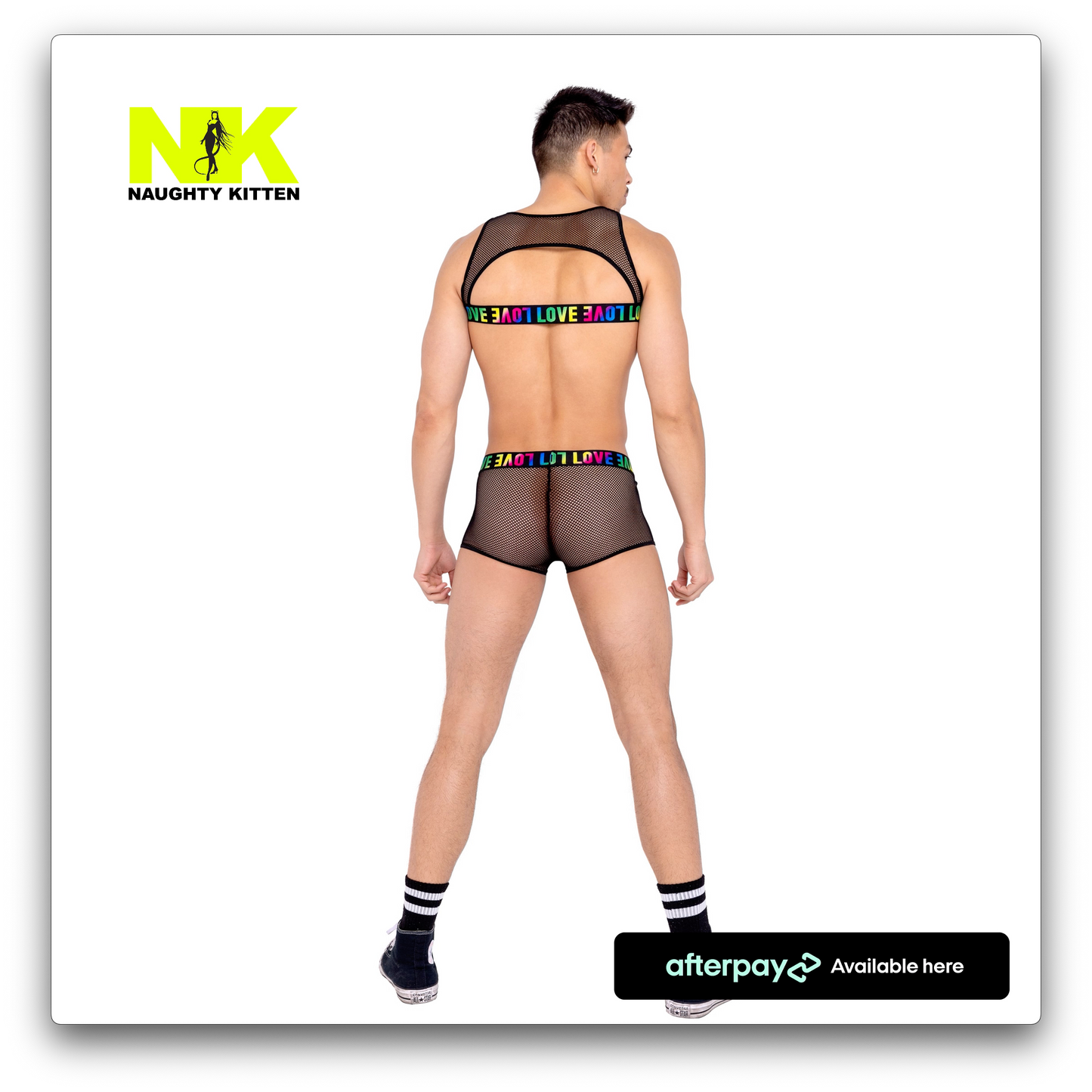 Naughty Kitten Clothing Men's Pride Two-Tone Fishnet Trunks Back Rear View Men's Rave Wear