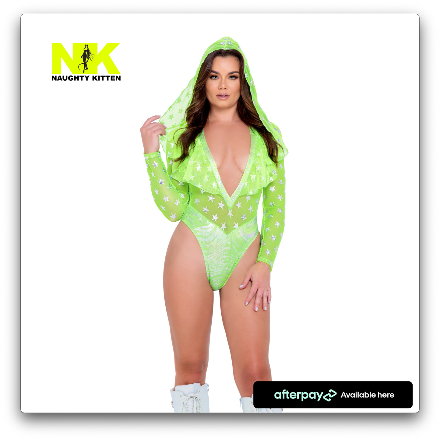 Naughty Kitten Clothing Two-Tone Hooded Star Romper Neon Green Front View Rave Wear
