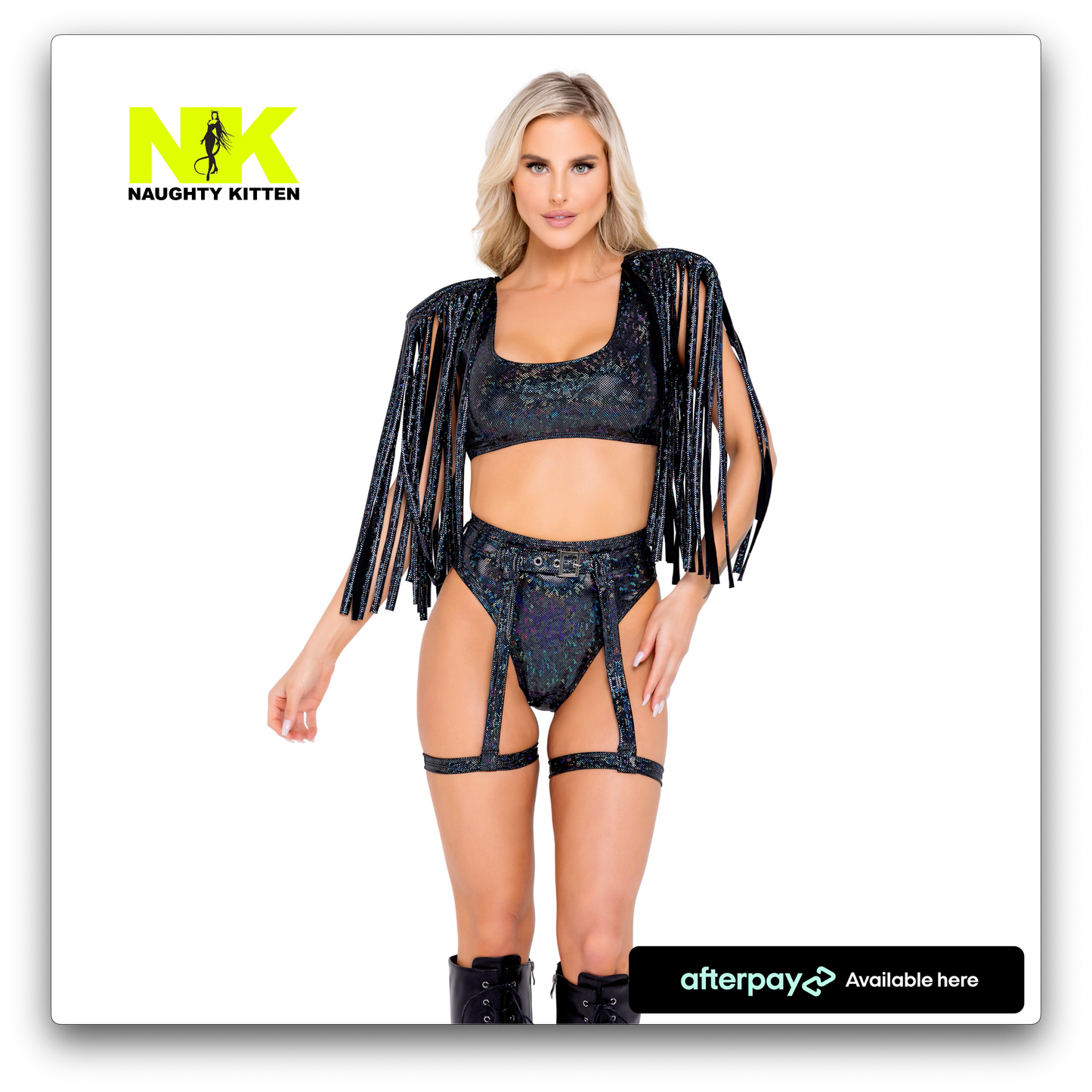Naughty Kitten Clothing Shimmer High-Waisted Shorts & Garter Belt Black front View Rave Wear