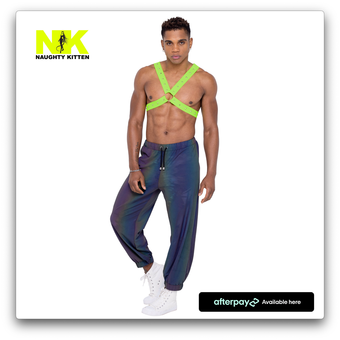 Naughty Kitten Clothing Mens Neon Green Glow In the Dark Harness Front View Men's Rave Wear