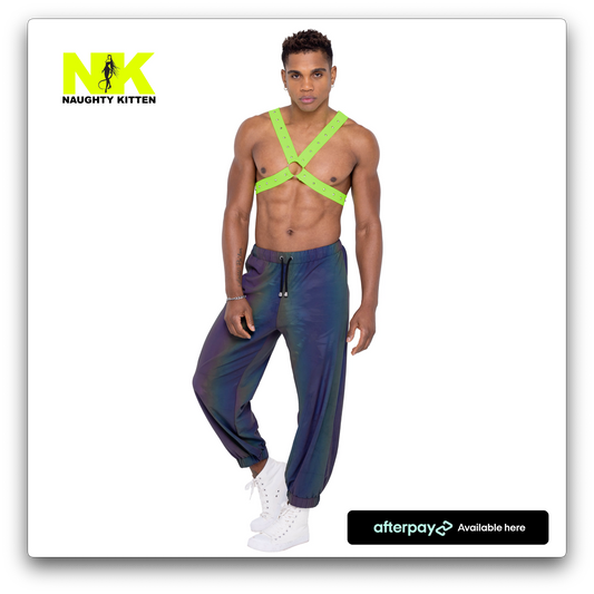 Naughty Kitten Clothing Mens Neon Green Glow In the Dark Harness Front View Men's Rave Wear