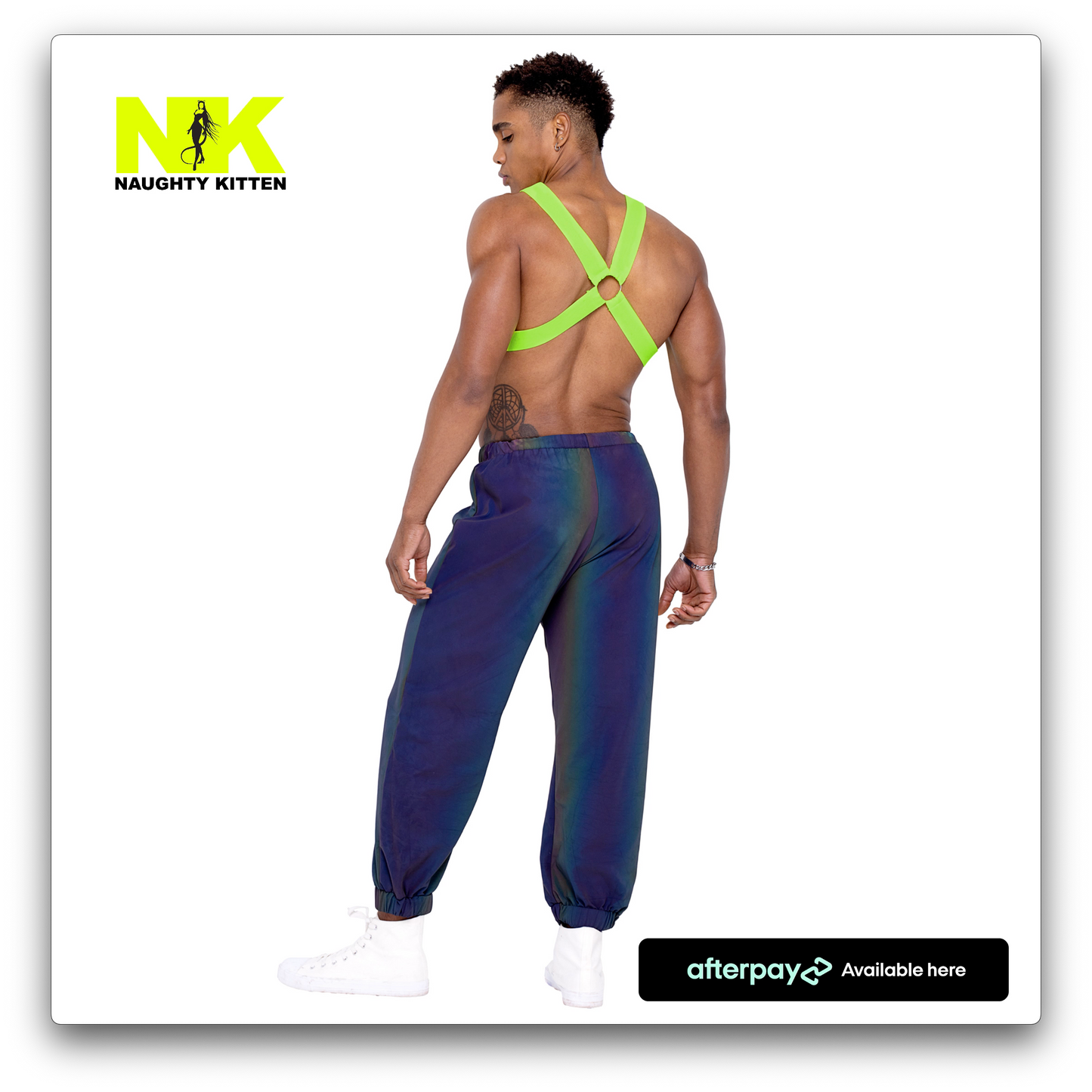 Naughty Kitten Clothing Mens Neon Green Glow In the Dark Harness Back Rear View Men's Rave Wear