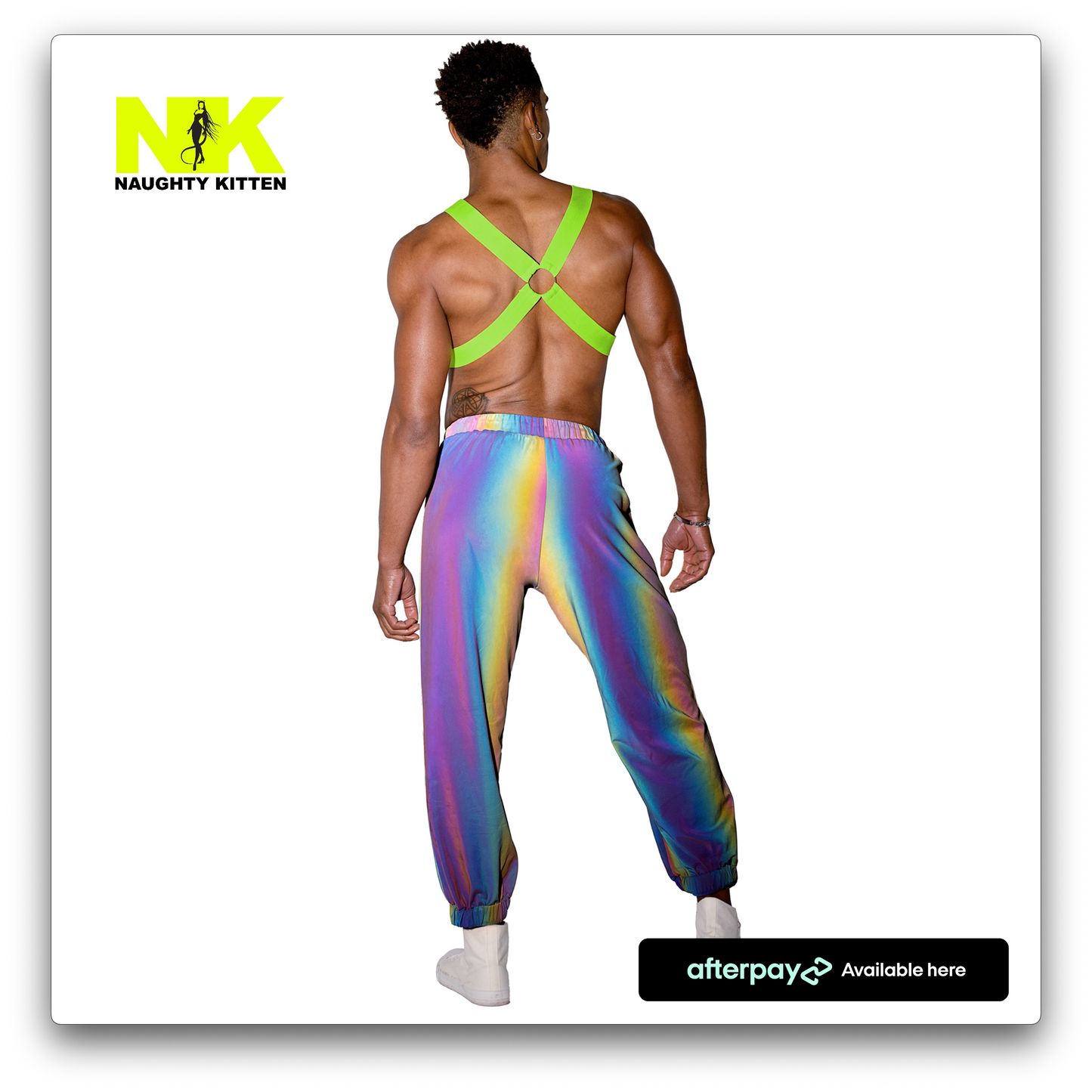 Naughty Kitten Clothing Mens Neon Green Glow In the Dark Harness Back Rear View Men's Rave Wear