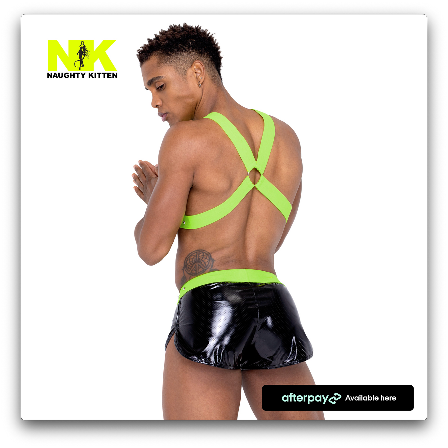 Naughty Kitten Clothing Mens Neon Green Glow In the Dark Harness Back Rear View Men's Rave Wear