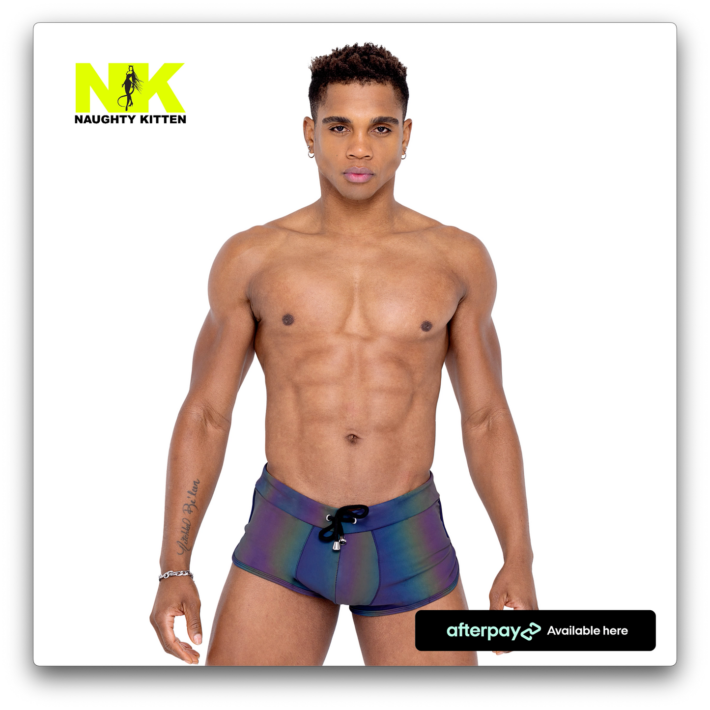 Naughty Kitten Clothing Mens Reflective Runner Shorts Front View Men's Rave Wear
