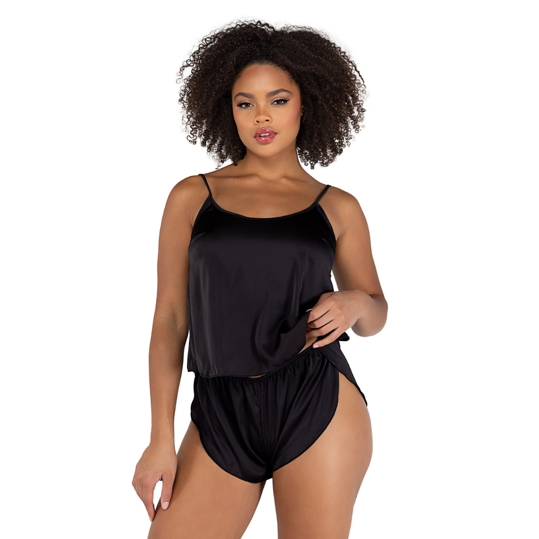 Naughty Kitten Clothing Soft Satin Tulip Short Set Black Front View Loungewear Lingerie Set