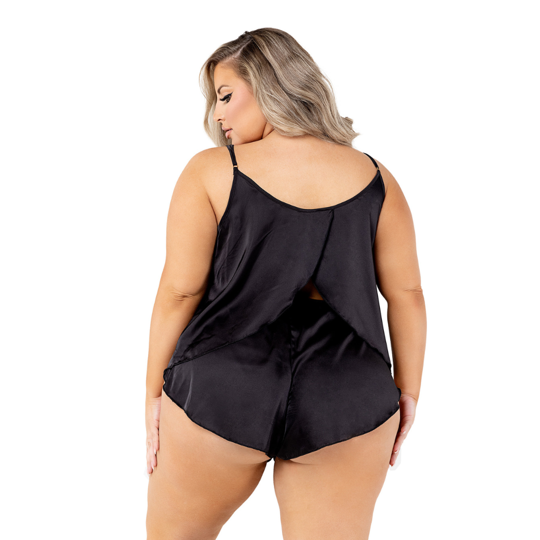 Naughty Kitten Clothing Soft Satin Tulip Short Set Black Rear View Loungewear Plus Size Lingerie Set