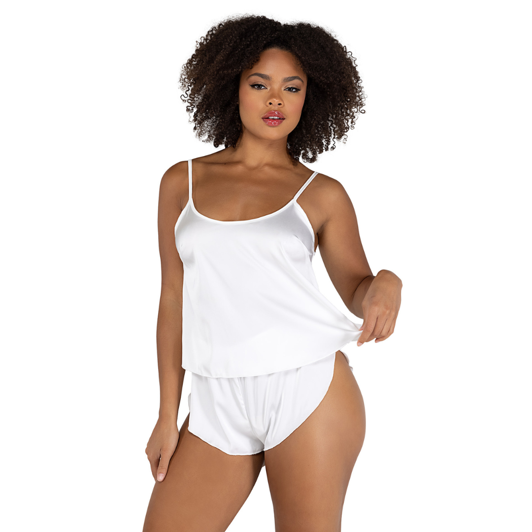 Naughty Kitten Clothing Soft Satin Tulip Short Set White Front View Loungewear Lingerie Set