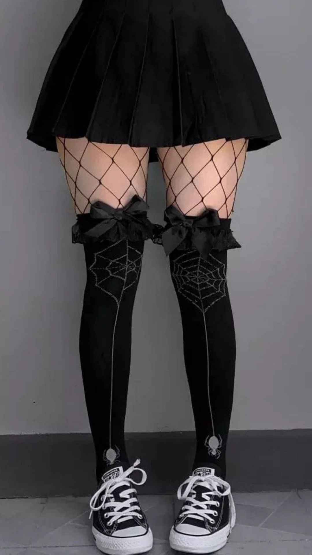 Naughty Kitten Clothing Spider Web Black Stockings With Bowknot Front View Thigh High Stockings Alternative Gothic women's Fashion Accessories