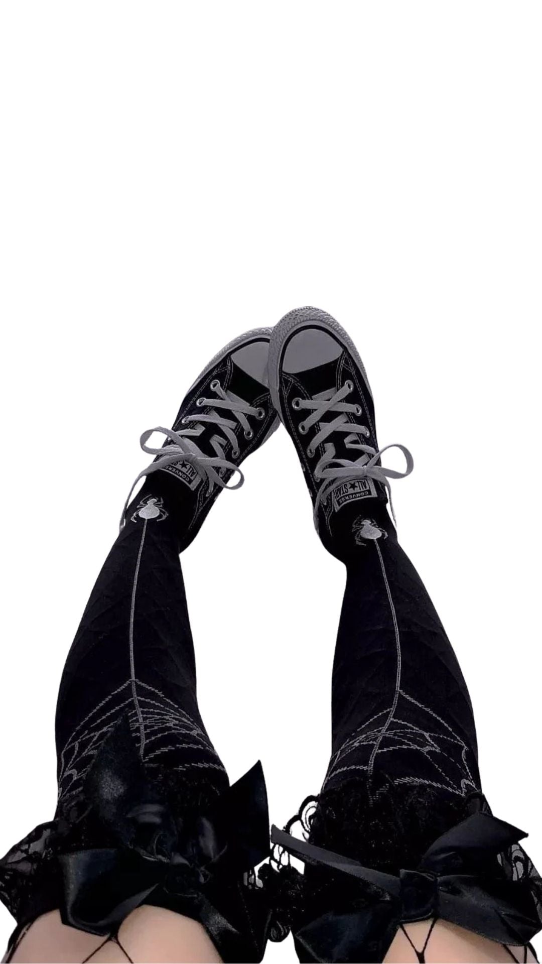 Naughty Kitten Clothing Spider Web Black Stockings With Bowknot Front View Thigh High Stockings Alternative Gothic women's Fashion Accessories