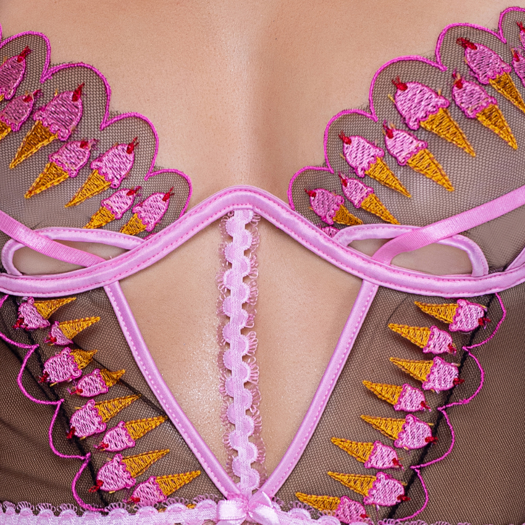 Naughty Kitten Strawberry Sherbet 2-Piece Bustier Short Set Front View Lingerie