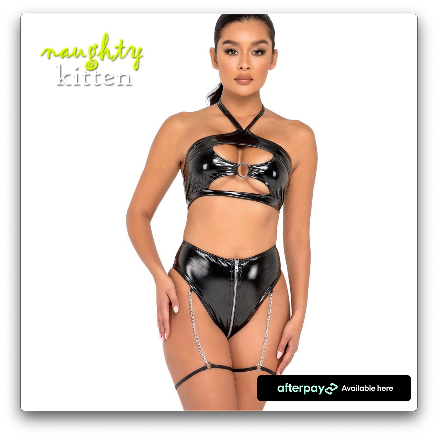 Naughty Kitten High-Waisted Vinyl Zip-Up Shorts Black Front View