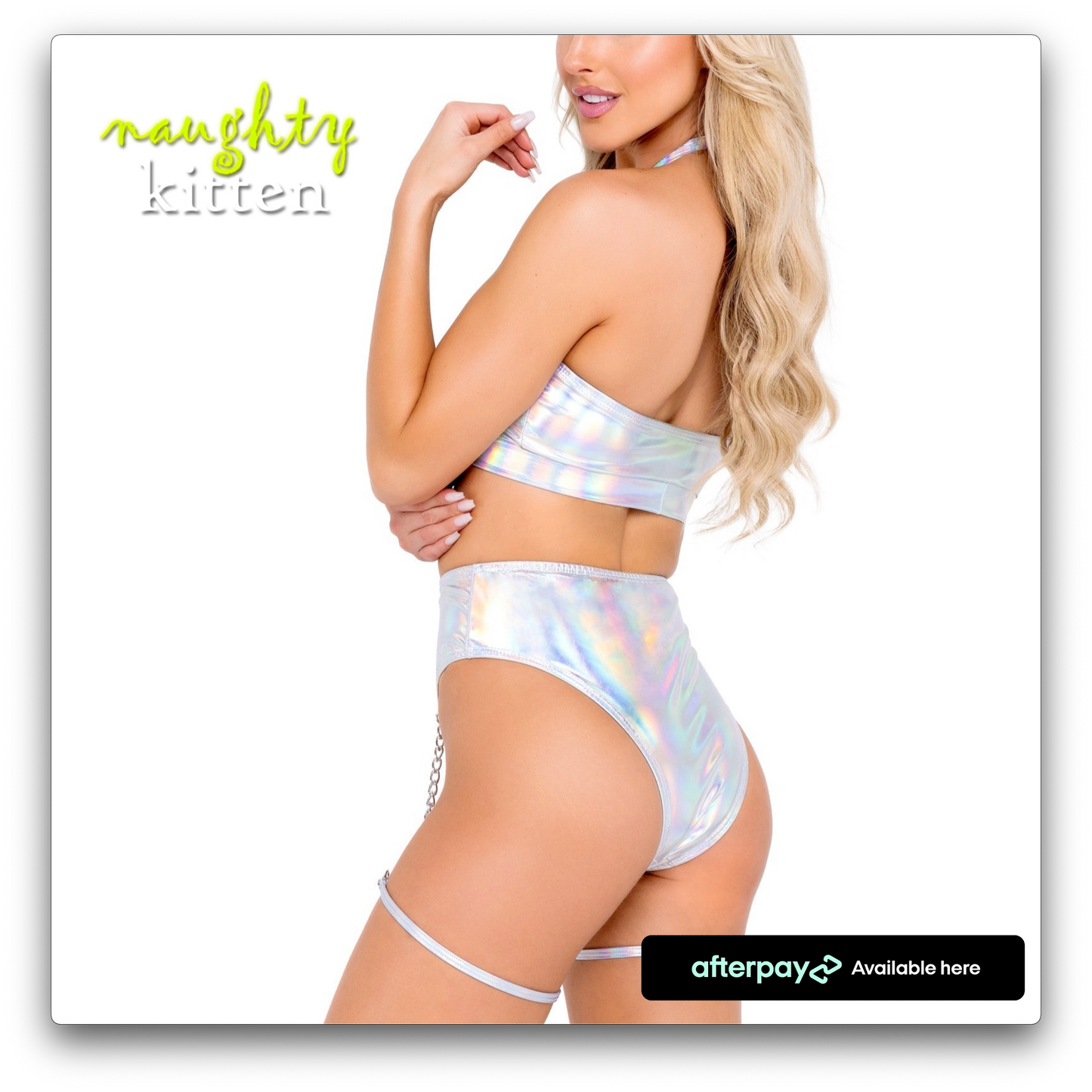 Naughty Kitten High-Waisted Vinyl Zip-Up Shorts Silver Front View