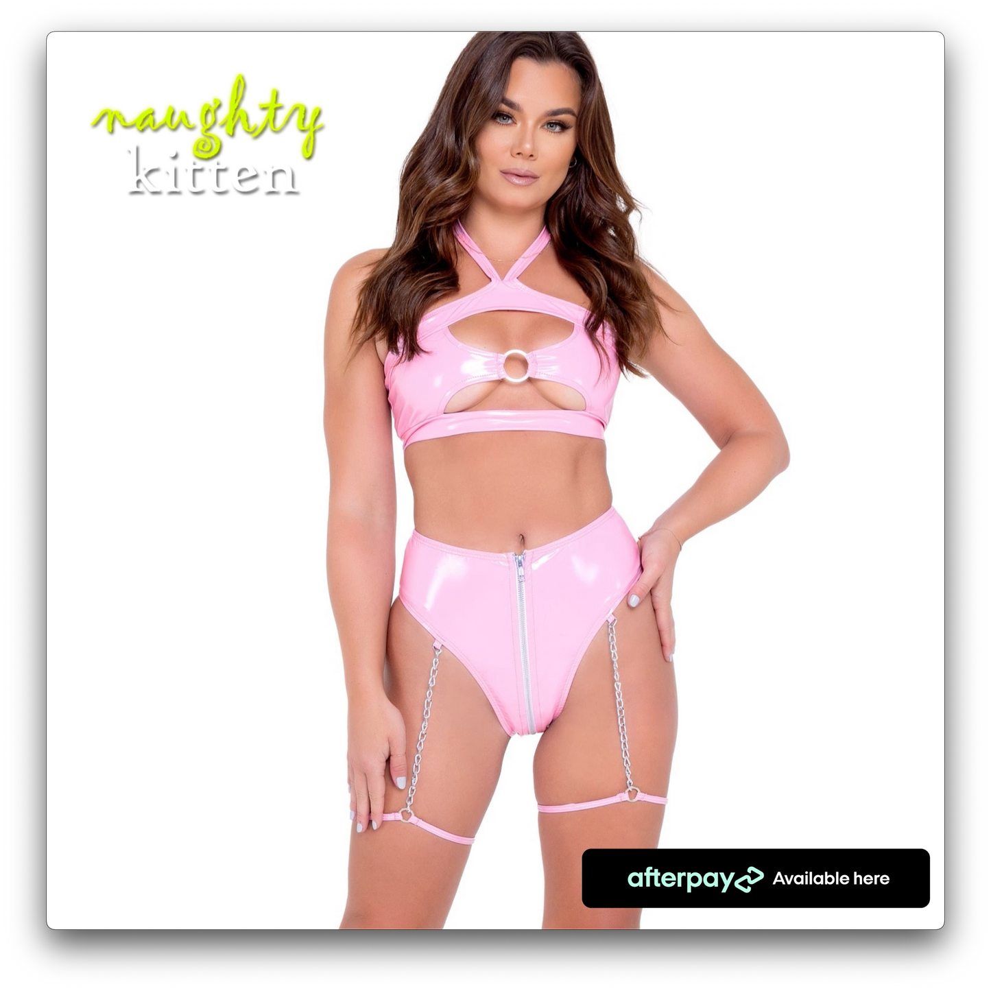 Naughty Kitten High-Waisted Vinyl Zip-Up Shorts Baby Pink Front View