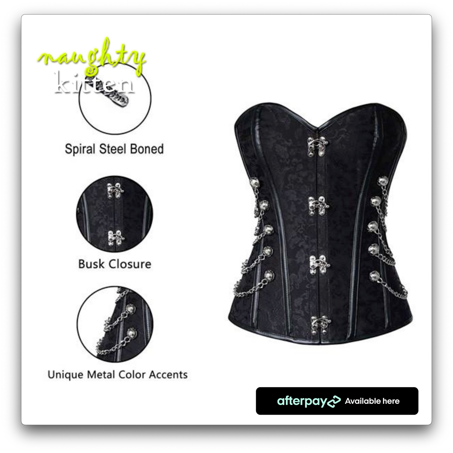 Naughty Kitten Stella Brocade & Chains Corset Multi View Black