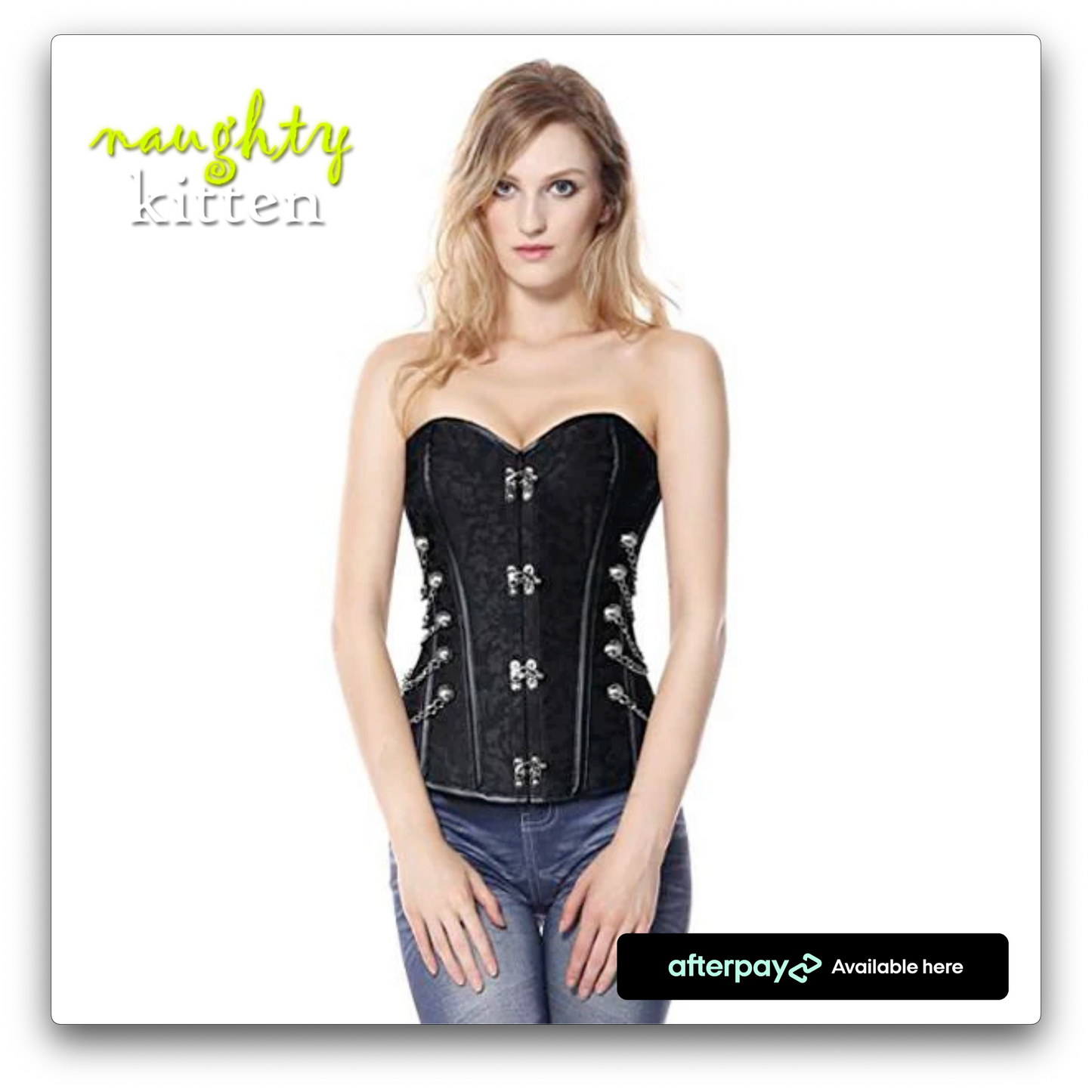 Naughty Kitten Stella Brocade & Chains Corset Front View Black Model