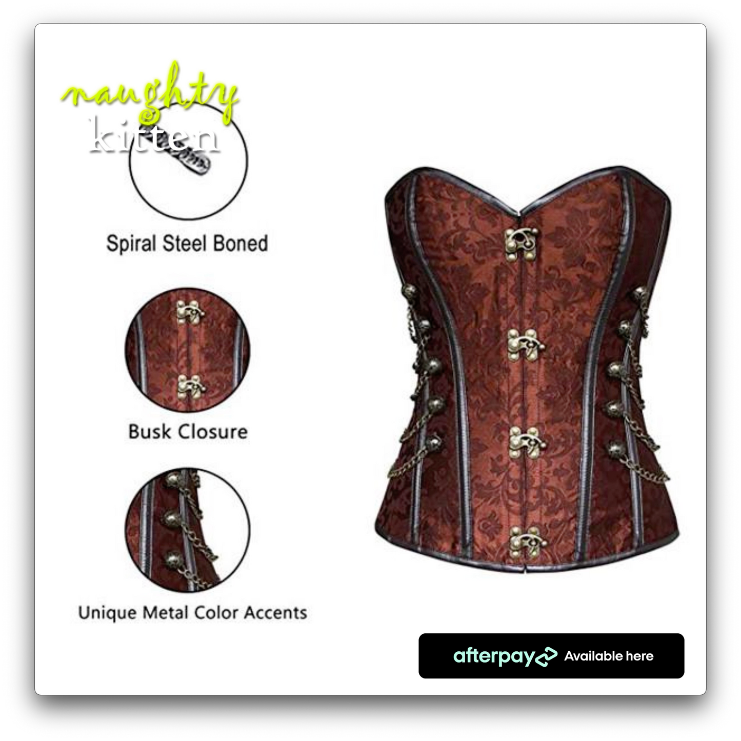 Naughty Kitten Stella Brocade & Chains Corset Multi View Brown