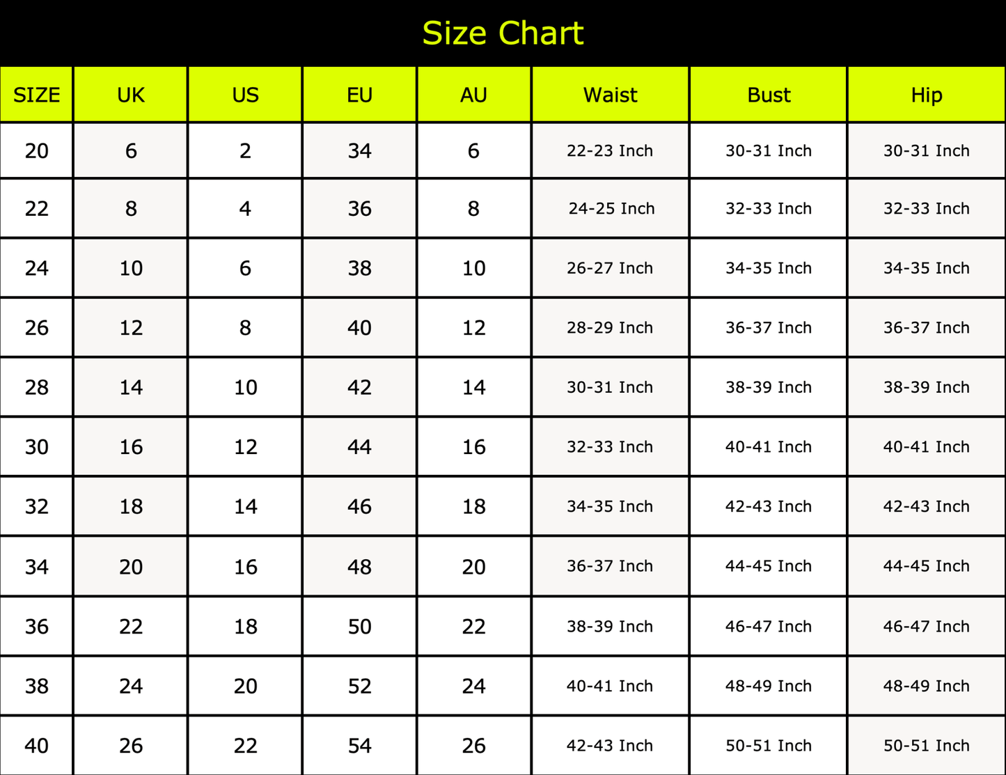 Naughty Kitten Clothing Size Chart