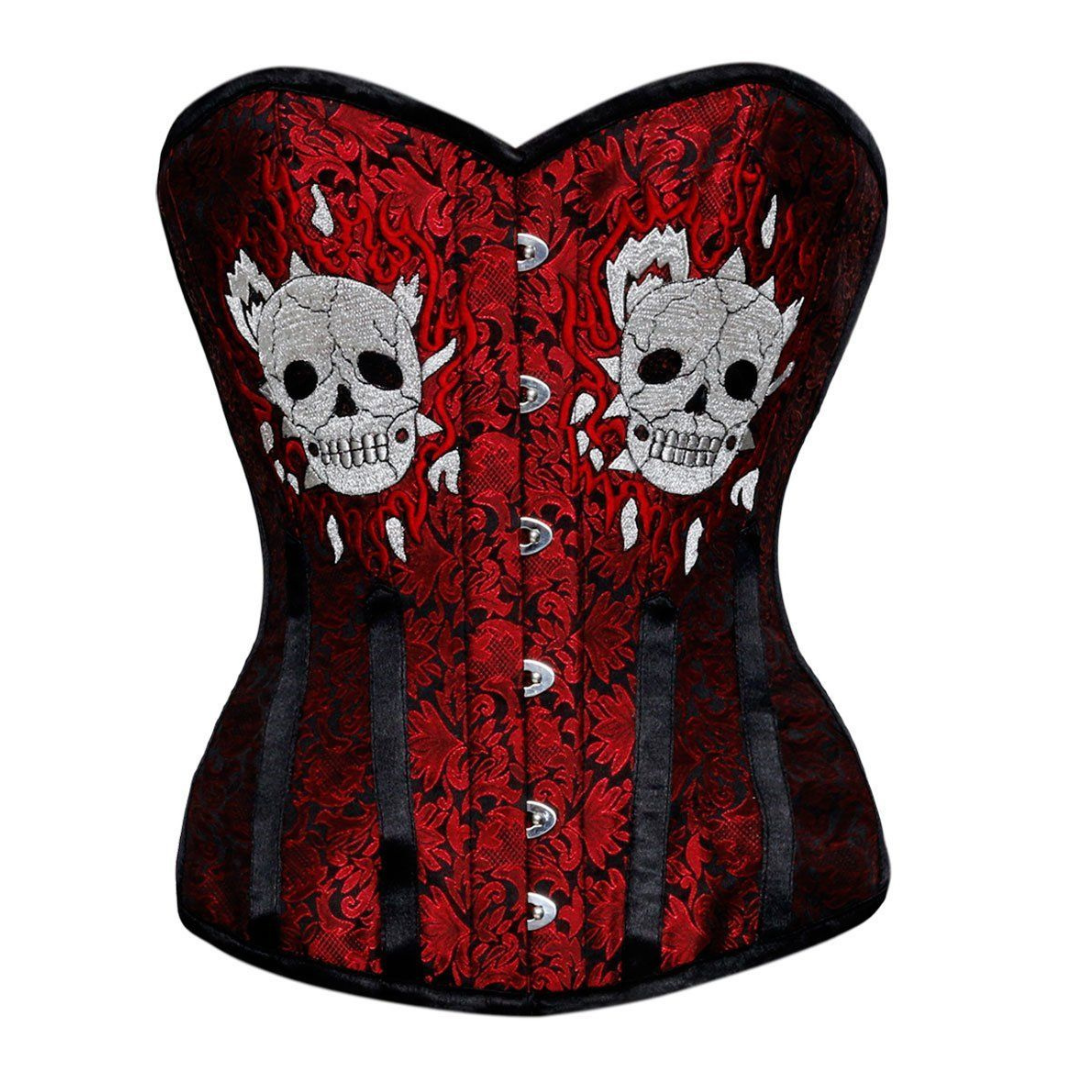 Calista Brocade Skull Corset Front View - Naughty Kitten Clothing