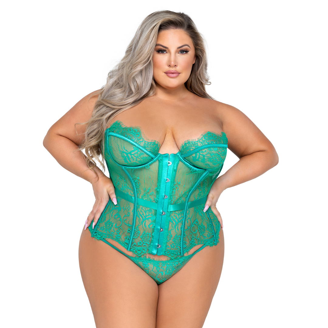 Naughty Kitten Clothing Fantasy 2-Piece Bustier Set Green front View Plus Size Lingerie