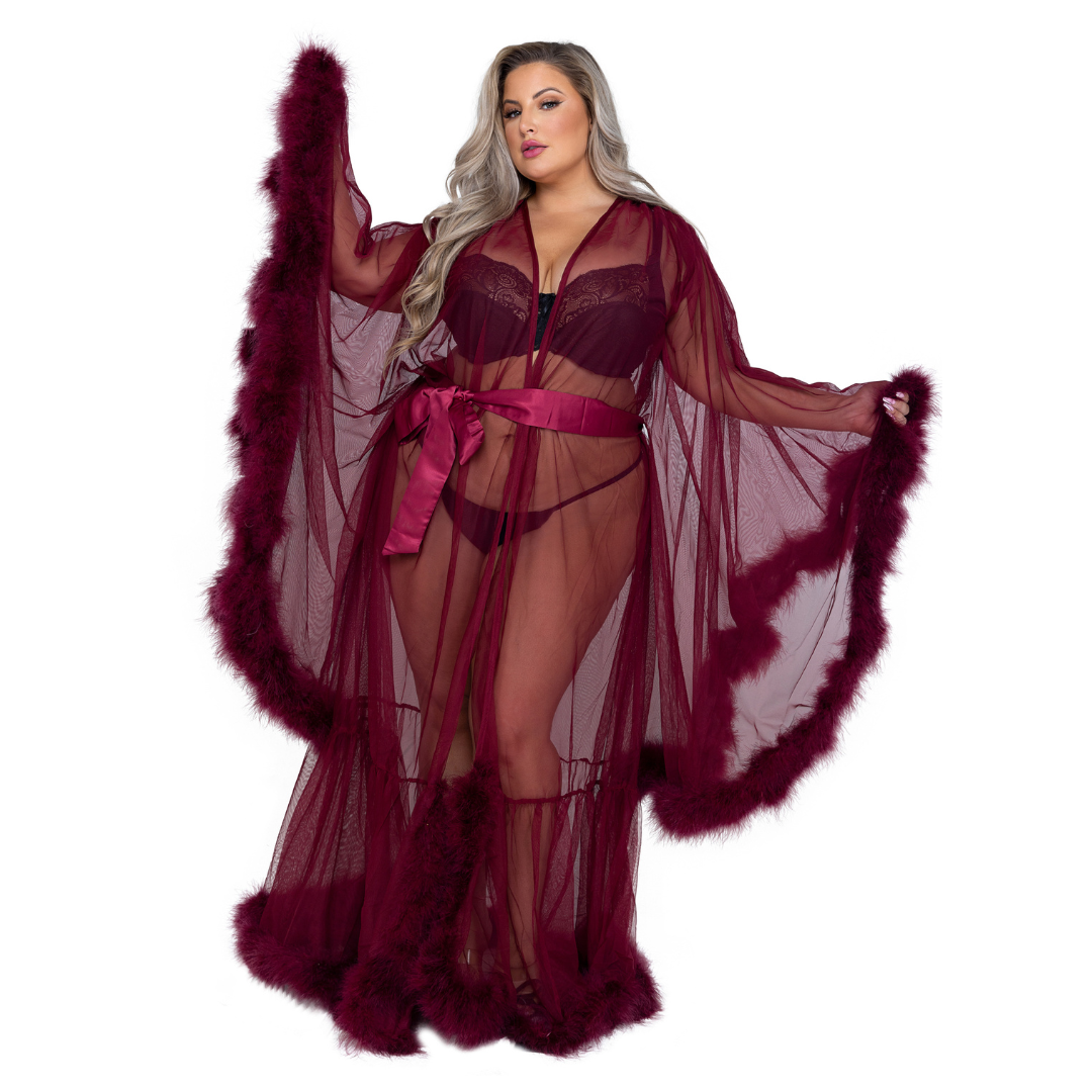 Naughty Kitten Hollywood Glam Luxury Robe Burgundy Front View Plus Size Lingerie