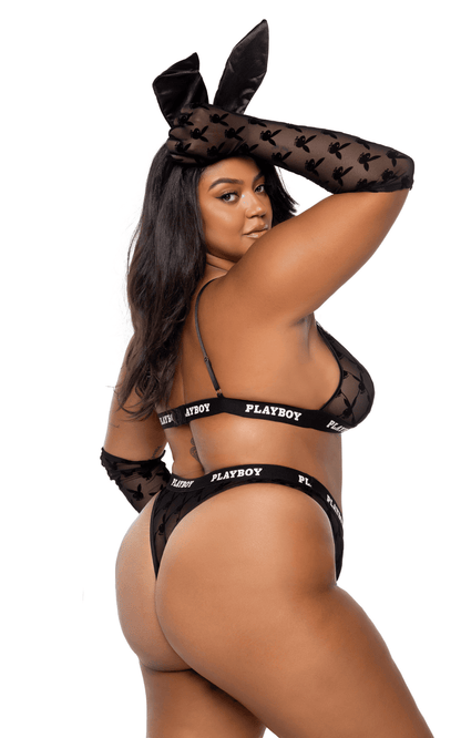 Naughty Kitten Clothing Playboy Flocked Bunny Bralette 2pc Set Black Rear View Playboy Lingerie Plus Size