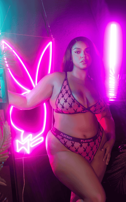 Naughty Kitten Clothing Playboy Flocked Bunny Bralette 2pc Set Pink Front View Playboy Lingerie Plus Size